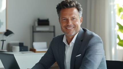 Smiling businessman office portrait, laptop, workday