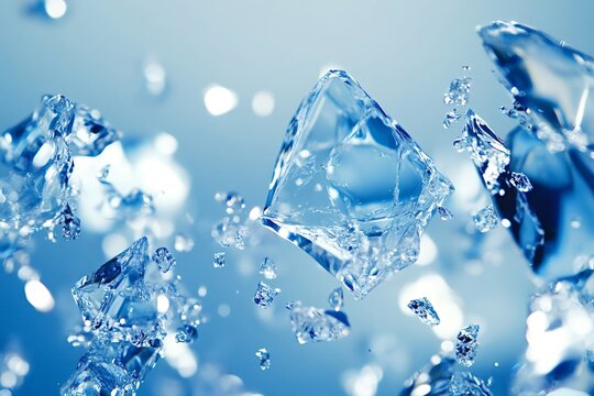 Ice cubes exploding against a light blue background, scattering shards and creating a refreshing visual that conveys coolness, energy, and summer vibes