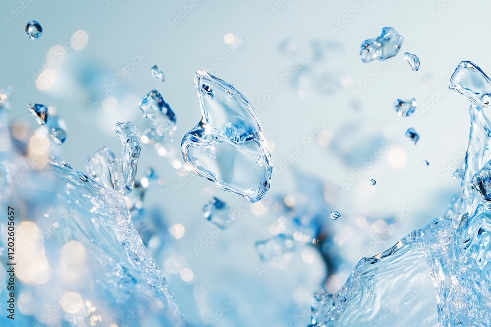 Poster pure, refreshing water splashes and forms bubbles against a light blue background, creating a dynami