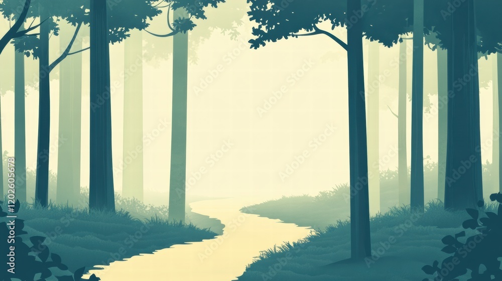 Fototapete exploring the tranquil forest trail winding through towering trees on a foggy morning. generative ai
