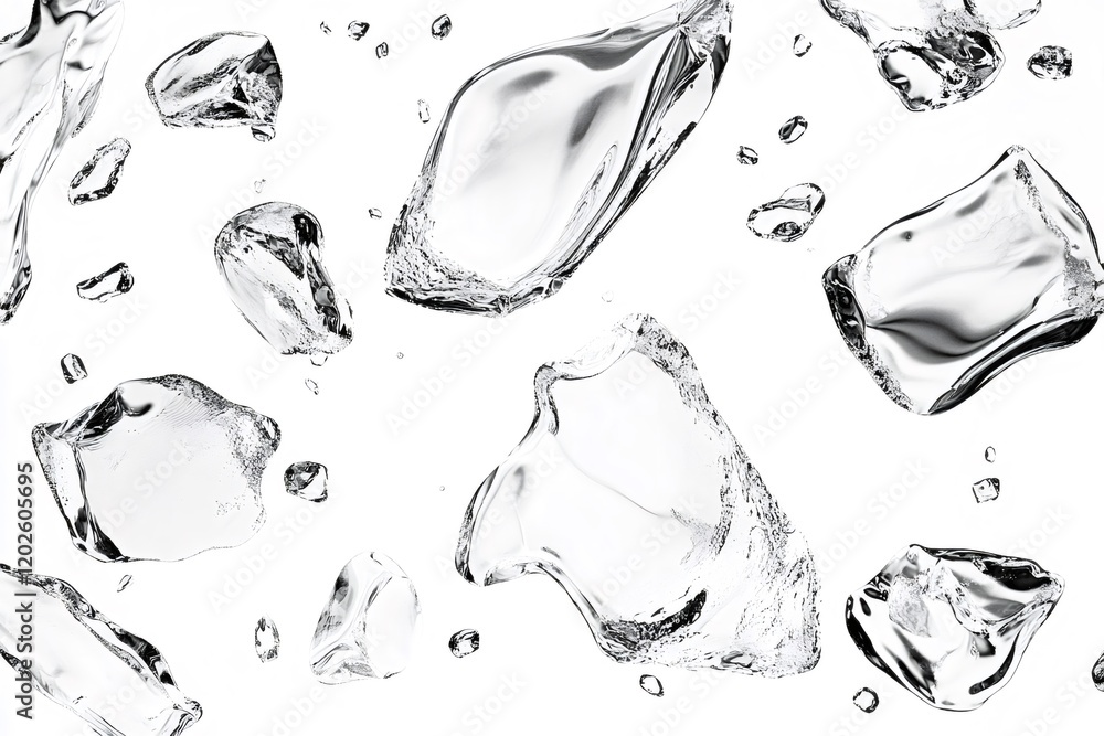 Poster ice cubes are seen floating and splashing in water, their crystalline structures creating mesmerizin