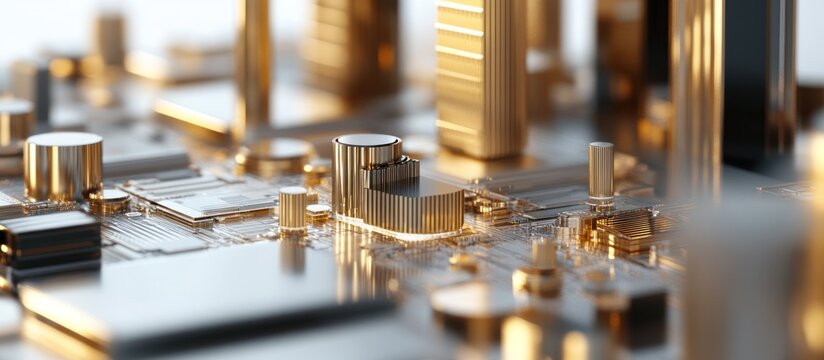 Golden cityscape on circuit board; tech background; future concept