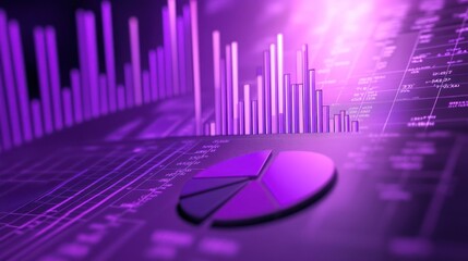Purple pie chart, financial data background, growth, market analysis