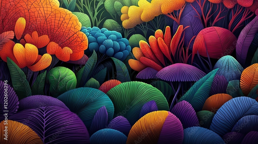 Poster a vibrant depiction of a field adorned with colorful flora, featuring an avian soaring above one of 