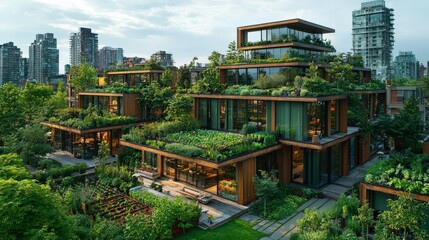 Fototapeta premium Lush Green Roofs and Terraces in a Modern Urban Residential Complex