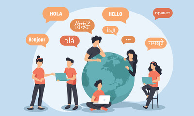 Young people chatting in foreign languages. Vector illustration for web banner, infographics, mobile. Male and female cartoon characters speaking different languages.