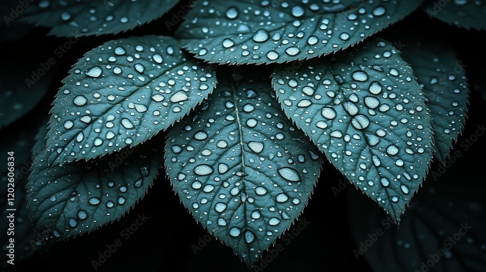 Poster the image showcases a leaf with water droplets on it, giving it a tranquil and peaceful appearance. 