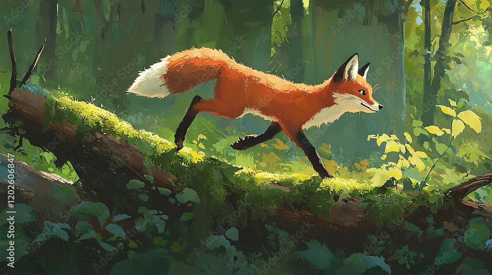 Poster a painting of a red fox dashing through a forest with fallen trees in the foreground
