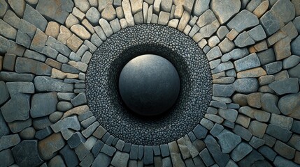 Abstract stone circle design, smooth center sphere, textured background, artistic pattern, decorative