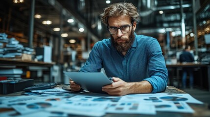 A man with a beard is sitting at a table with a tablet in front of him. He is looking at the tablet and he is focused on the content displayed