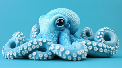 A blue octopus with white spots is sitting on a blue background. The octopus has a cute and playful expression on its face