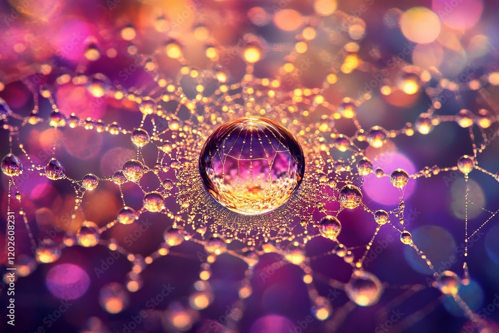 Poster intricate spiderweb adorned with water droplets against a vibrant bokeh background