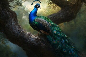Obraz premium Majestic peacock perched on a tree branch in a mystical forest.