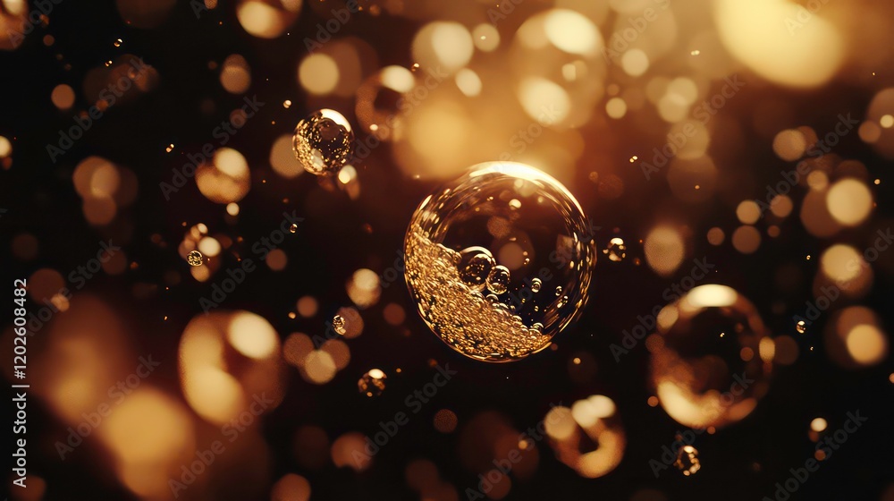 Poster golden bubbles floating in dark background, abstract.