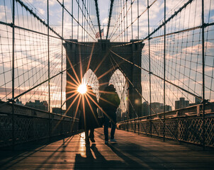 New York, USA: sunrise at the Brooklyn bridge 