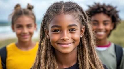 Fototapeta premium Three young people with long hair are smiling for the camera. The girl in the middle is the only one with a visible nose