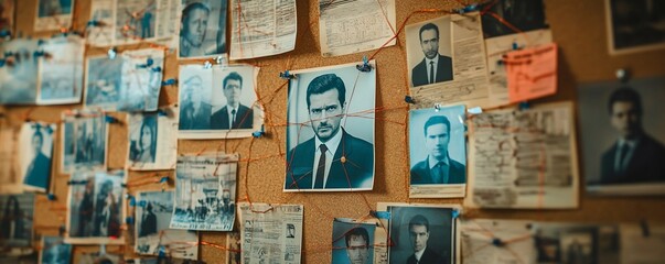 Investigation board photos, clues, connections.  Crime solving