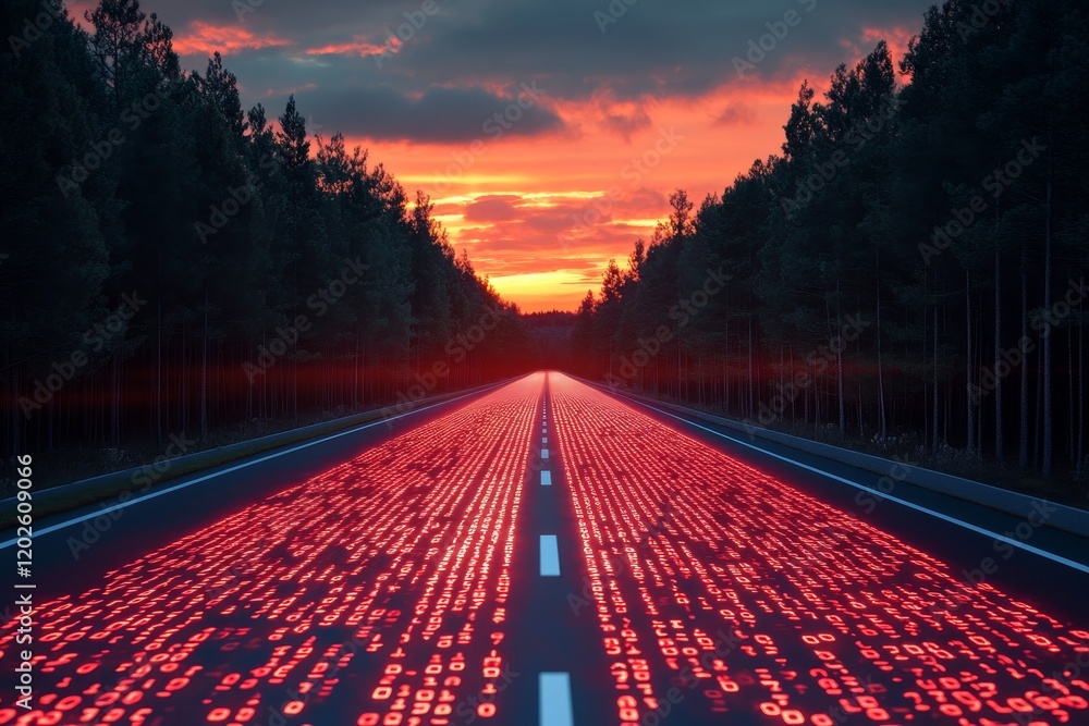 Poster a highway encased in red binary code under a sunset, symbolizing digital technology and nature