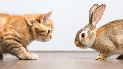 Kitten and rabbit face off on wooden floor.  Use Pet website, children's book