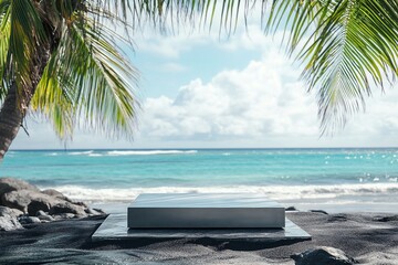 Empty silver platform on tropical beach with ocean view.