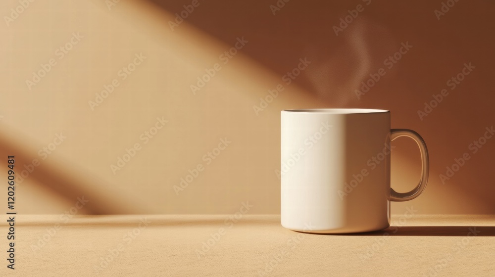 Aufkleber Steaming mug of coffee placed on a wooden surface illuminated by warm afternoon sunlight. Generative AI