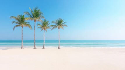 Tropical beach scene four palm trees on white sand, turquoise ocean, sunny sky. Ideal for travel brochures
