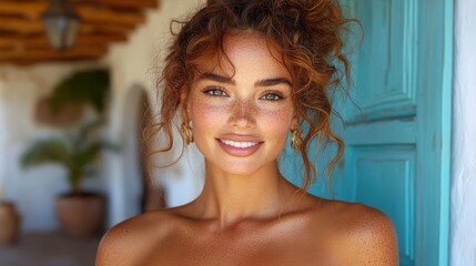 A woman with red hair and a tan complexion is smiling at the camera. She has a natural, relaxed look about her