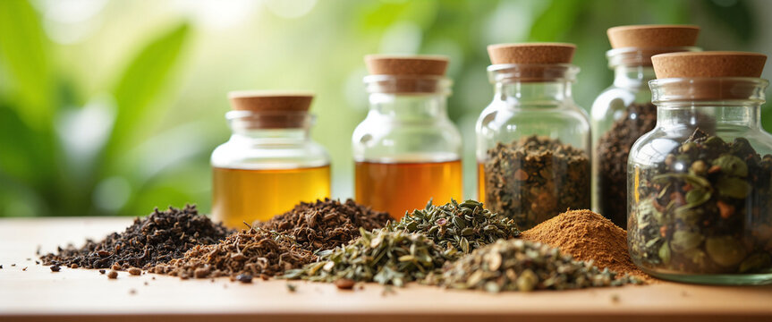 Assorted herbs and spices in jars evoking sensory exploration with a natural, serene background featuring green foliage