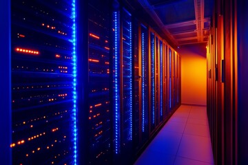 Futuristic data center  glowing streams and servers in a dark room with blue and orange lighting