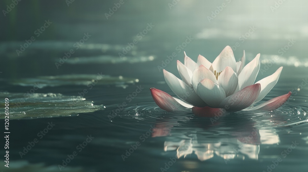 Poster Beautiful water lily floating on tranquil water surface during soft morning light. Generative AI