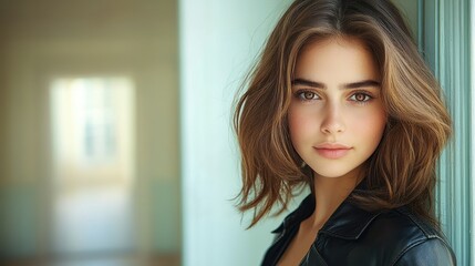 Obraz premium A woman with brown hair and brown eyes is standing in front of a wall. She is wearing a black jacket and has a smile on her face