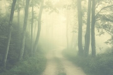 Naklejka premium Winding forest trail surrounded by tall trees in soft morning fog. Generative AI