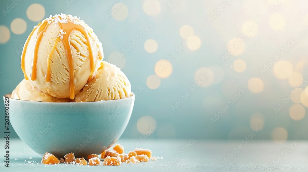 Poster two scoops of ice cream in a blue bowl on a blue surface with a soft bokeh of lights in the backgrou