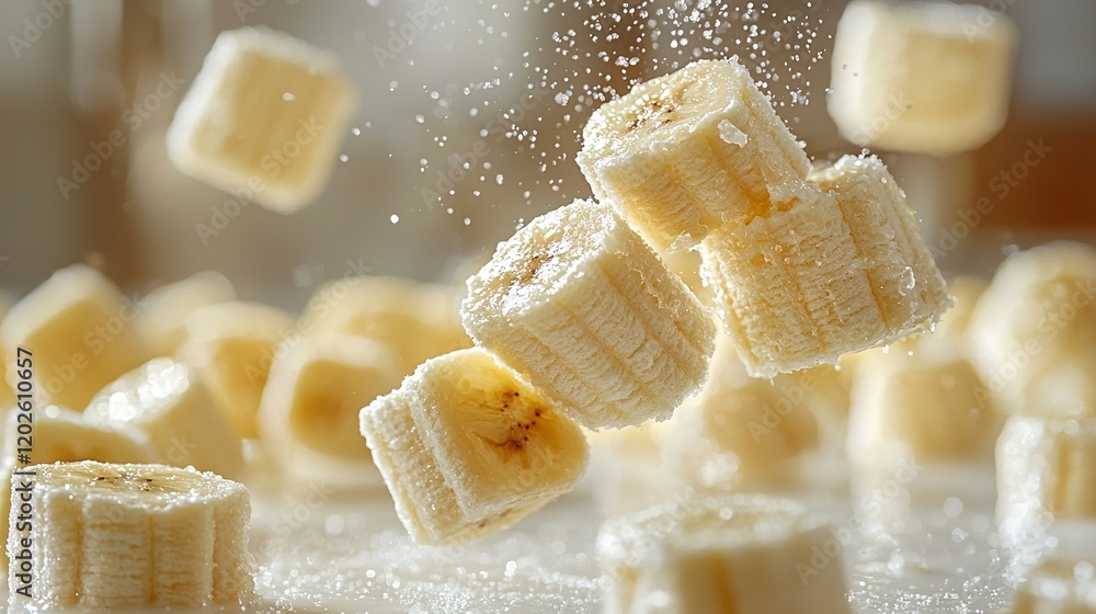 Poster a close-up of a stack of bananas tumbling onto a pile of sugar cubes on a tabletop