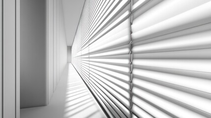 Modern hallway, sunlight through blinds, minimalist design, architectural photography