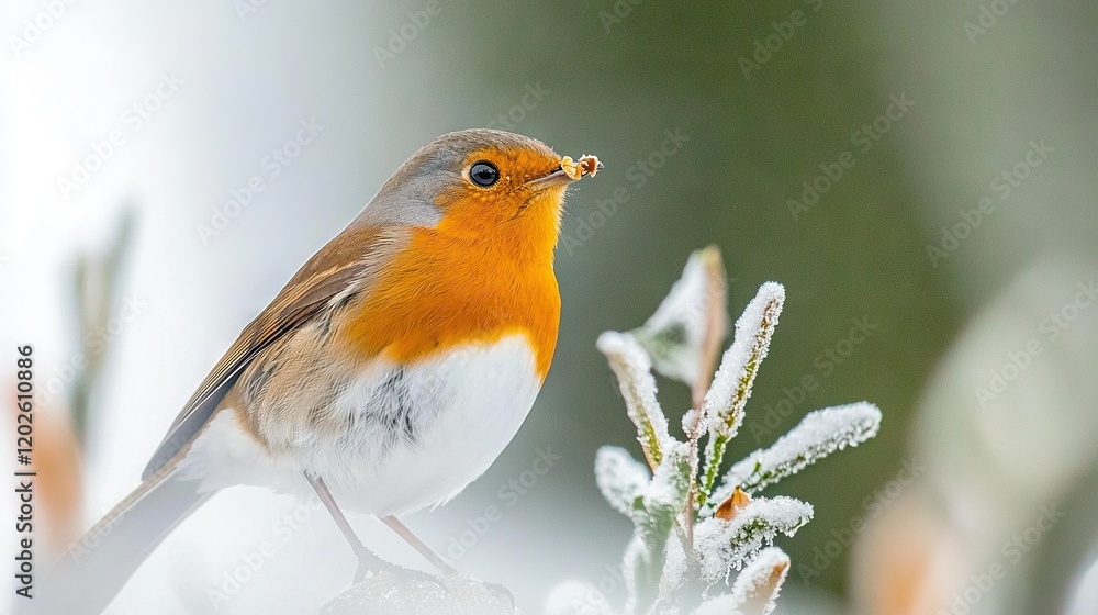 Poster a sharp image of a tiny bird perched on a branch amidst falling snow, with a soft focus background