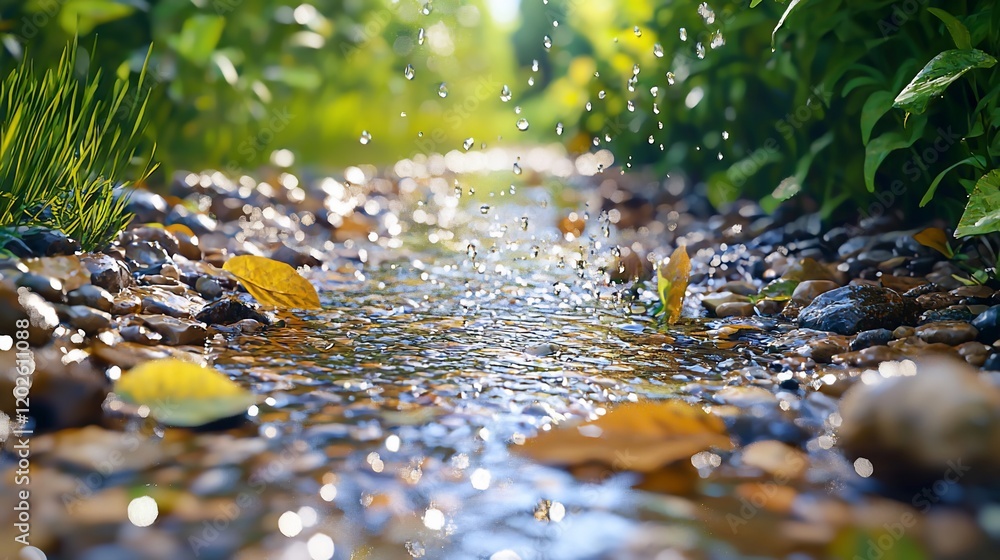 Poster sparkling stream water flows over smooth stones and dry leaves in a lush green garden.