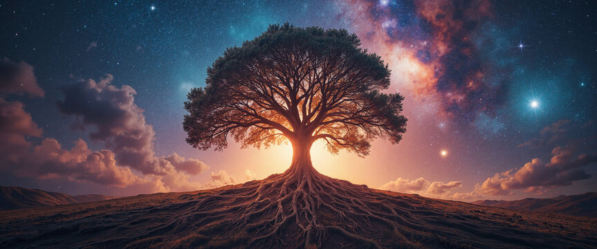 Majestic tree with sprawling roots illuminated by a cosmic sky filled with stars and galaxies, representing the connection between earth and the universe