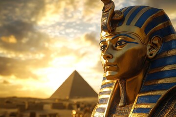 Majestic golden pharaoh s bust against the great pyramid at sunset  a regal egyptian scene