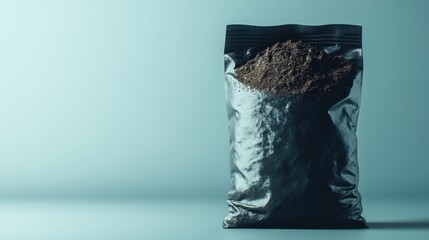 Brown powder in foil pouch, studio shot, against blue backdrop, food packaging