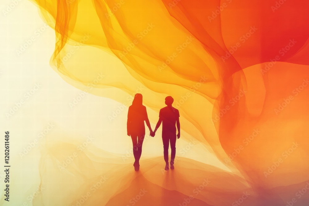 Aufkleber couple holding hands in abstract silhouette against vibrant, flowing colors representing connection 