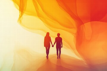 Fototapeta premium Couple holding hands in abstract silhouette against vibrant, flowing colors representing connection and love. Generative AI