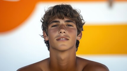 A young man with brown hair and a tan complexion is smiling at the camera. He is wearing no shirt and he is relaxed and comfortable