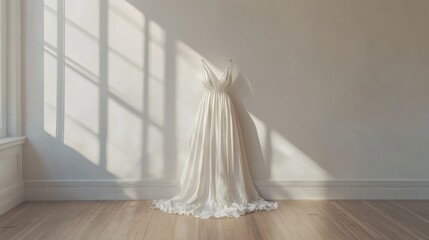 Sunlit wedding dress studio display, hardwood floor, minimalist background, bridal photoshoot