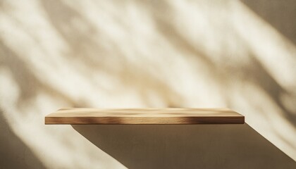 Empty wooden shelf against a beige wall with sunlight shadows.