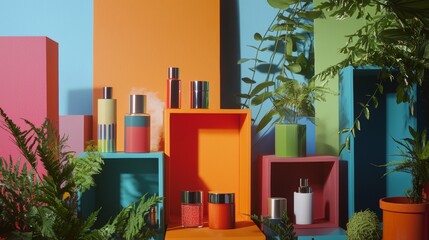 Colorful geometric decor with vibrant orange accents