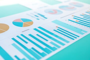 Teal data charts on desk, financial report analysis, office background