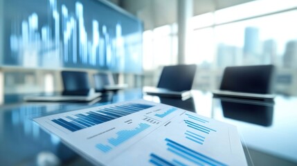 Financial report on glass table, modern office, city view