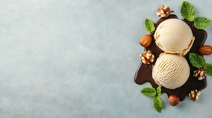   Two scoops of ice cream on a blue surface with nuts and leaves
