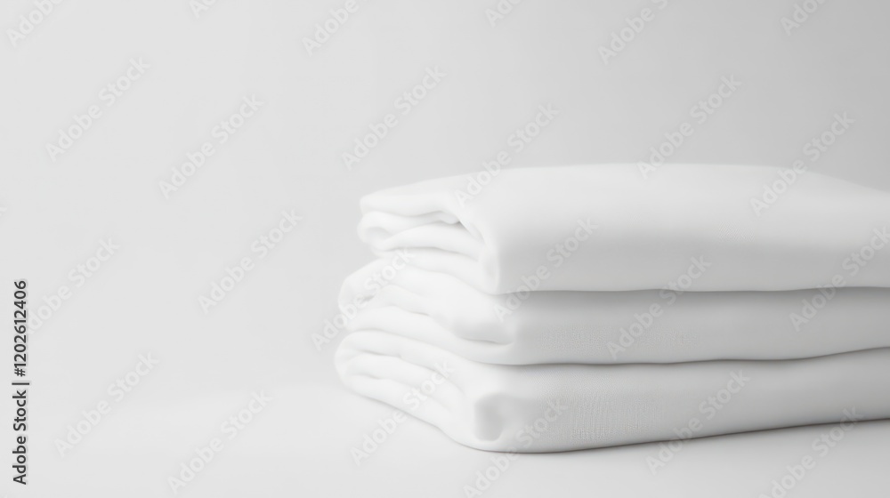Poster three neatly folded white cotton sheets stacked on a white background.